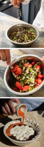 Image shows a close-up of Asimakis Chaniotis preparing his best Greek salad recipe at Myrtos by Asimakis, a South Kensington restaurant.