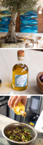 Image shows Myrtos by Asimakis' extra virgin olive oil being used to prepare a Greek salad. Another image shows the koroneiki olive oil on the South Kensington restaurant's tables.