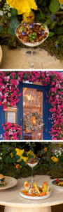 Set of three images showing signature dishes for Chelsea in Bloom created by London restaurant Myrtos by Asimakis. The middle image features a custom pink flower arch around the front door of the restaurant.